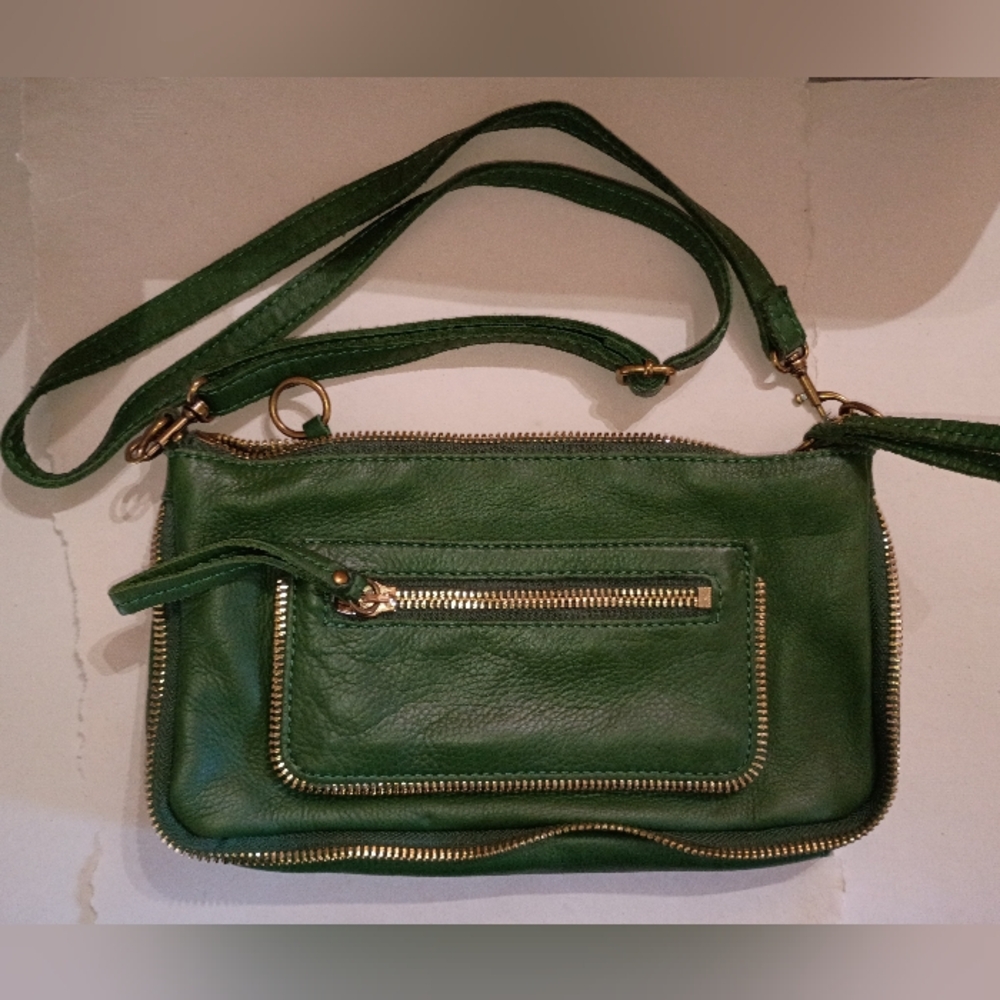 Linea Pelle Forest Green Crossbody Bag with Gold Zippers